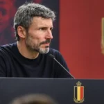 Mark van Bommel tijdens een persmoment van de Belgische nationale ploeg.