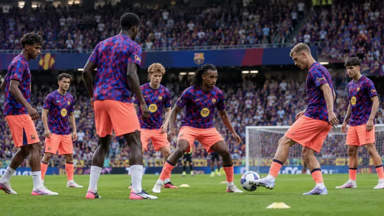 Een groep FC Barcelona-spelers warmt op het veld op voor een wedstrijd.