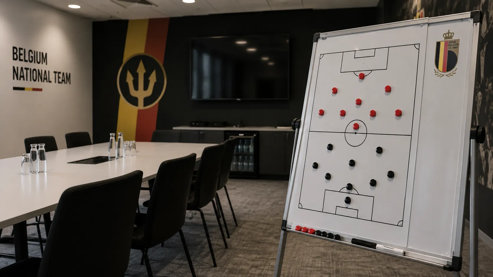 Een leeg tactieklokaal met een magnetisch opstellingsbord van de Rode Duivels.