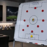 Een leeg tactiekbord in een voetbalanalysekamer met een embleem van de Belgische nationale ploeg.