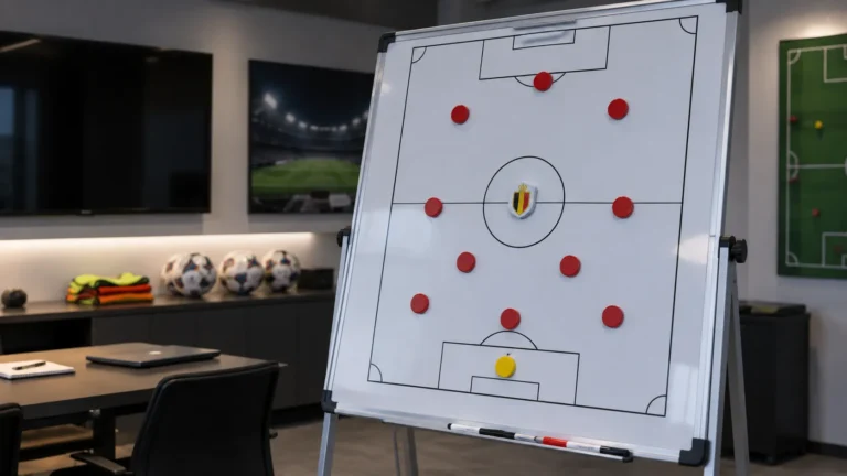 Een leeg tactiekbord in een voetbalanalysekamer met een embleem van de Belgische nationale ploeg.