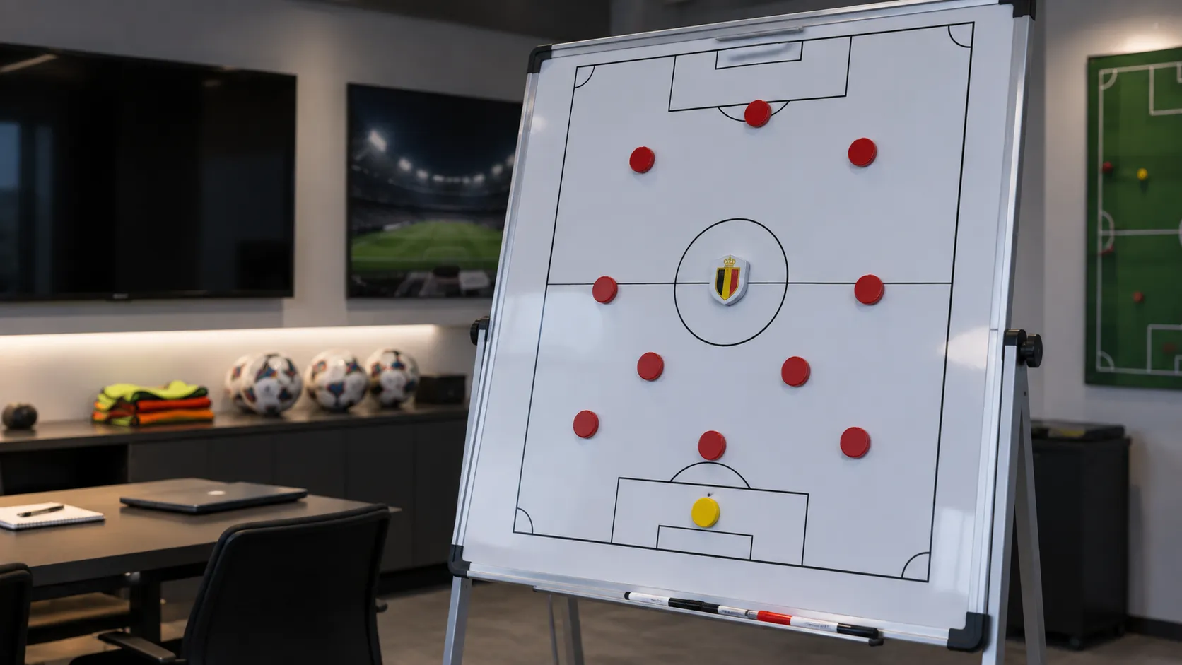 Een leeg tactiekbord in een voetbalanalysekamer met een embleem van de Belgische nationale ploeg.
