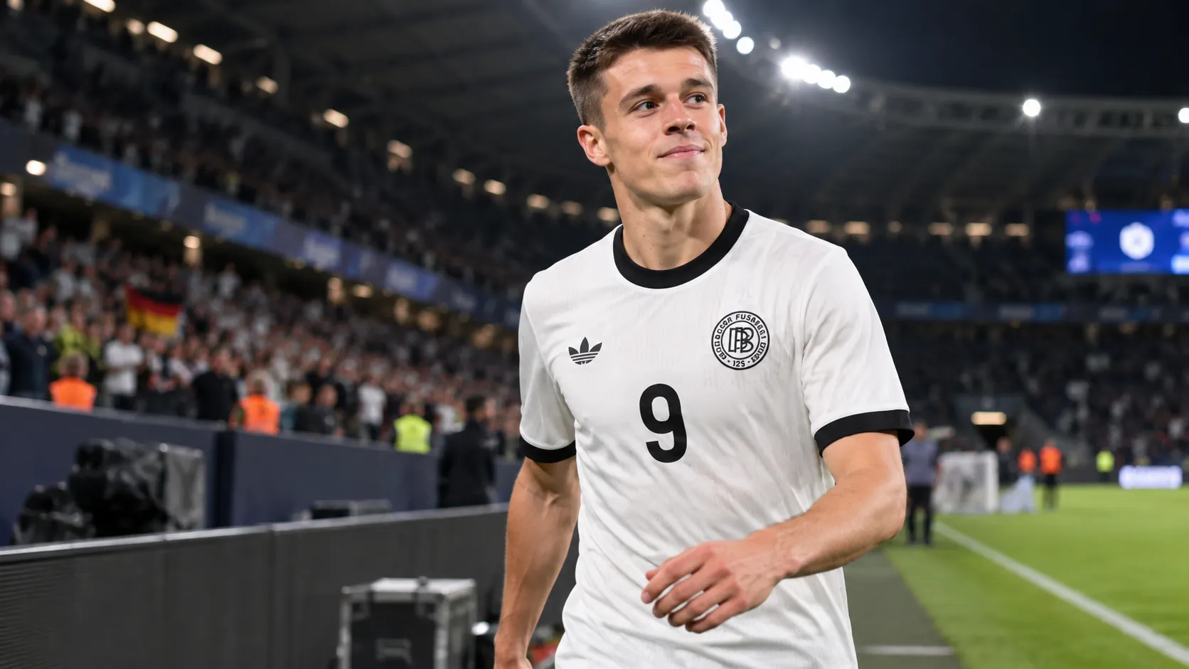Nicolò Tresoldi in het tenue van Duitsland U21 na een interlandwedstrijd.