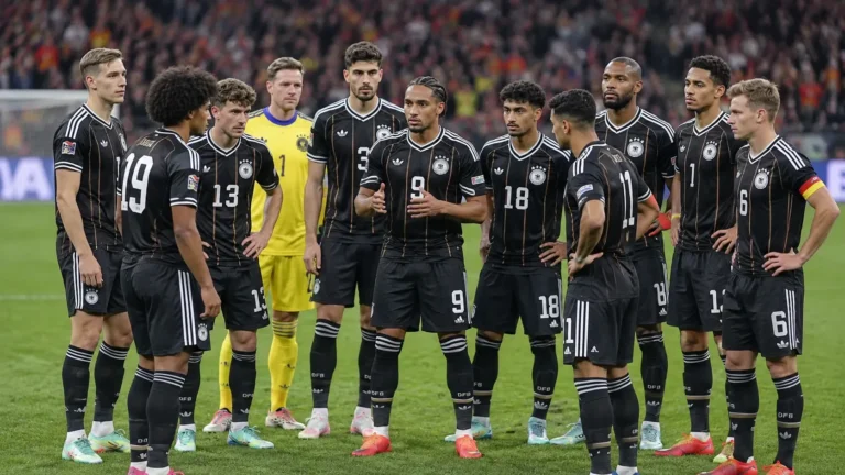 Een groep spelers in zwarte nationale tenues staat samen op het veld tijdens een wedstrijdonderbreking.