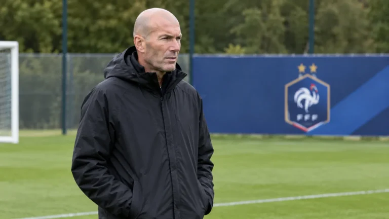 Zinedine Zidane staat als bondscoach naast een Frans oefenveld.