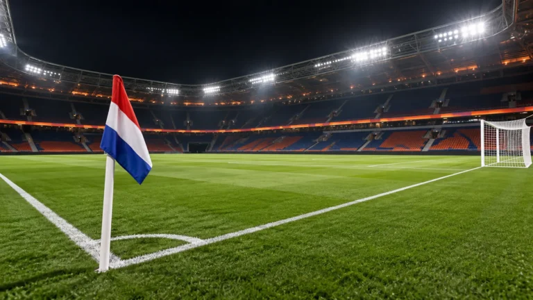 Een leeg verlicht voetbalveld met een Nederlandse vlag aan de hoekvlag na een wedstrijd.