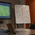 Een lege videoanalyseruimte van de Nederlandse nationale ploeg met een tactiekbord en een Nederlands embleem aan de wand.