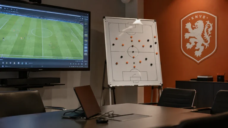 Een lege videoanalyseruimte van de Nederlandse nationale ploeg met een tactiekbord en een Nederlands embleem aan de wand.