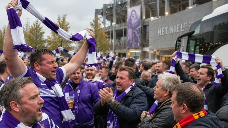 Een groep supporters met paars-witte sjaals op een stadionplein.