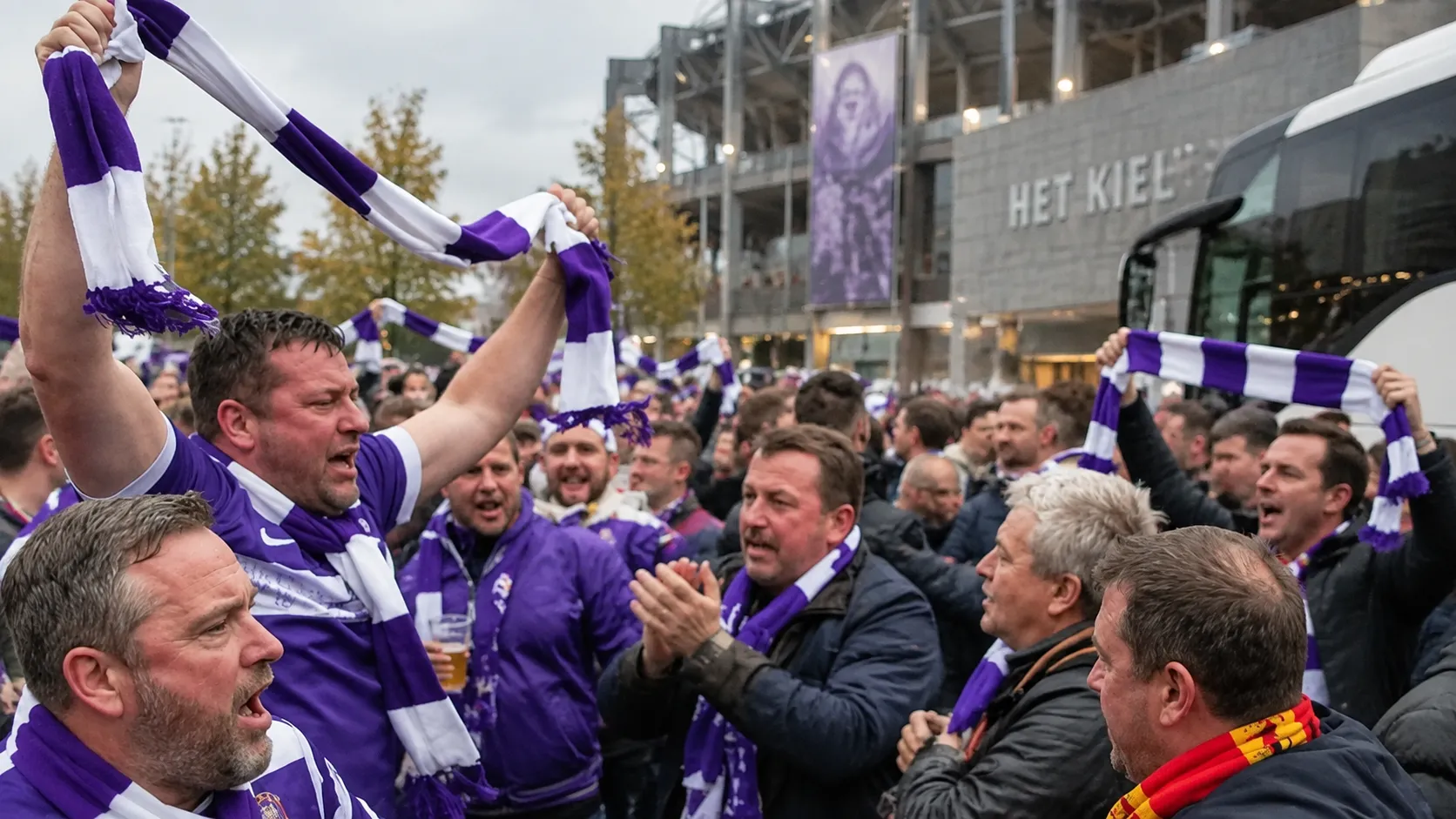 Een groep supporters met paars-witte sjaals op een stadionplein.