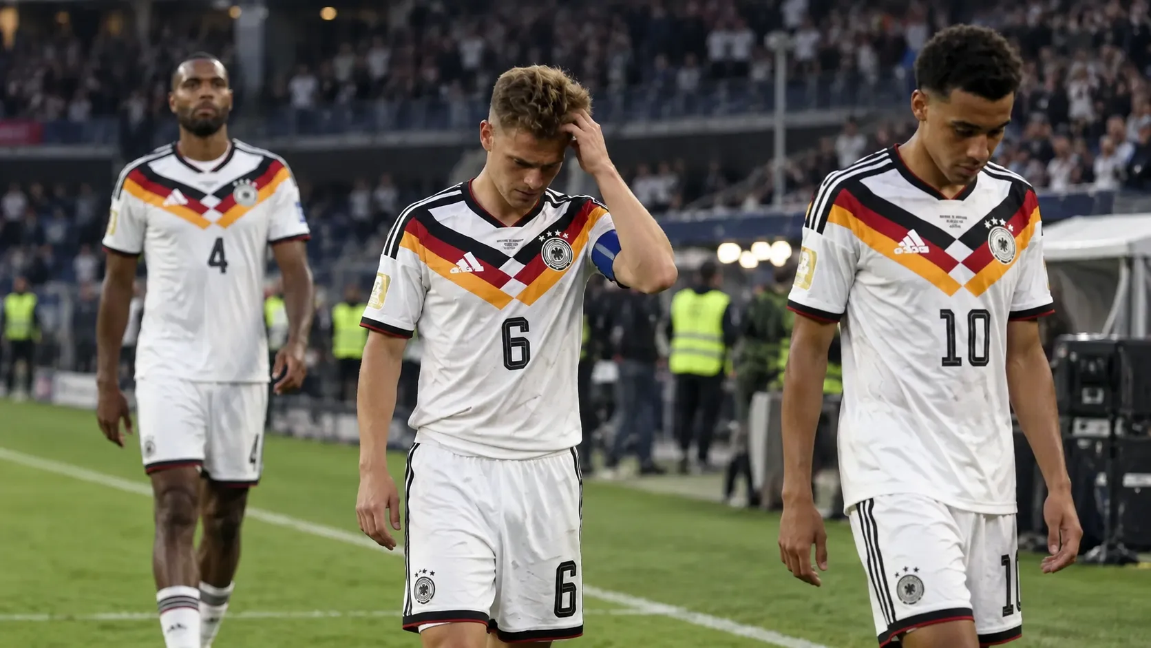 Drie Duitse spelers in witte wedstrijdtenues lopen teleurgesteld over het veld na een wedstrijd.