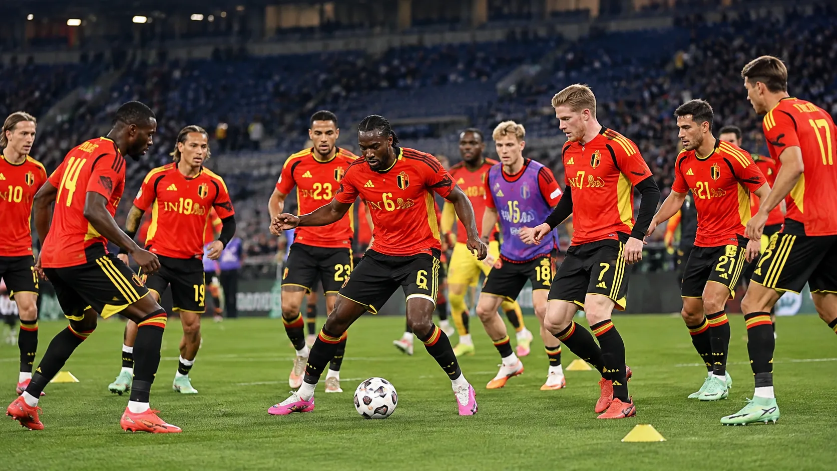 Een groep Belgische spelers in rode nationale tenues tijdens de opwarming in het stadion.
