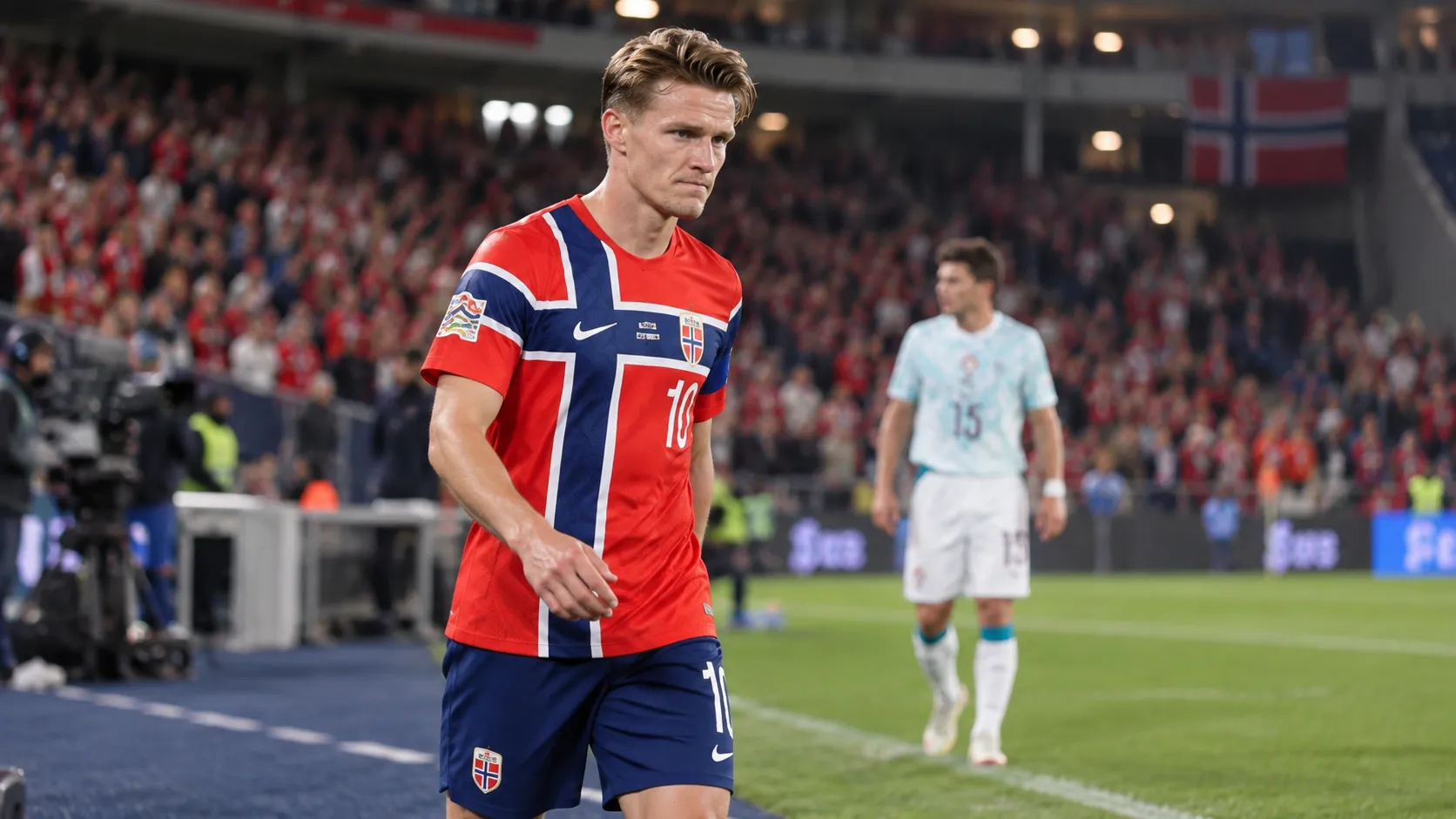Martin Ødegaard in het tenue van Noorwegen terwijl hij na een wedstrijd van het veld stapt.