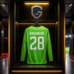 Centraal KRC Genk-doelmanstruitje met Brughmans en rugnummer 28 in een futuristische talentenkleedkamer.