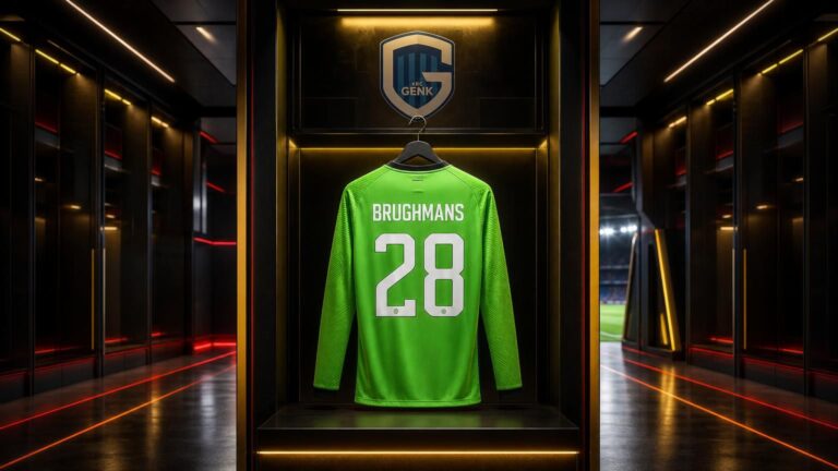 Centraal KRC Genk-doelmanstruitje met Brughmans en rugnummer 28 in een futuristische talentenkleedkamer.