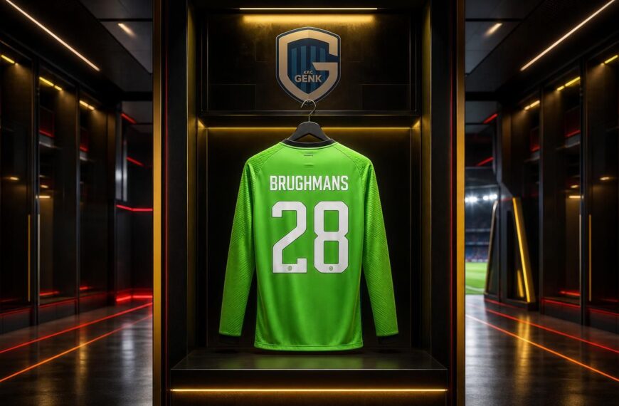 Centraal KRC Genk-doelmanstruitje met Brughmans en rugnummer 28 in een futuristische talentenkleedkamer.