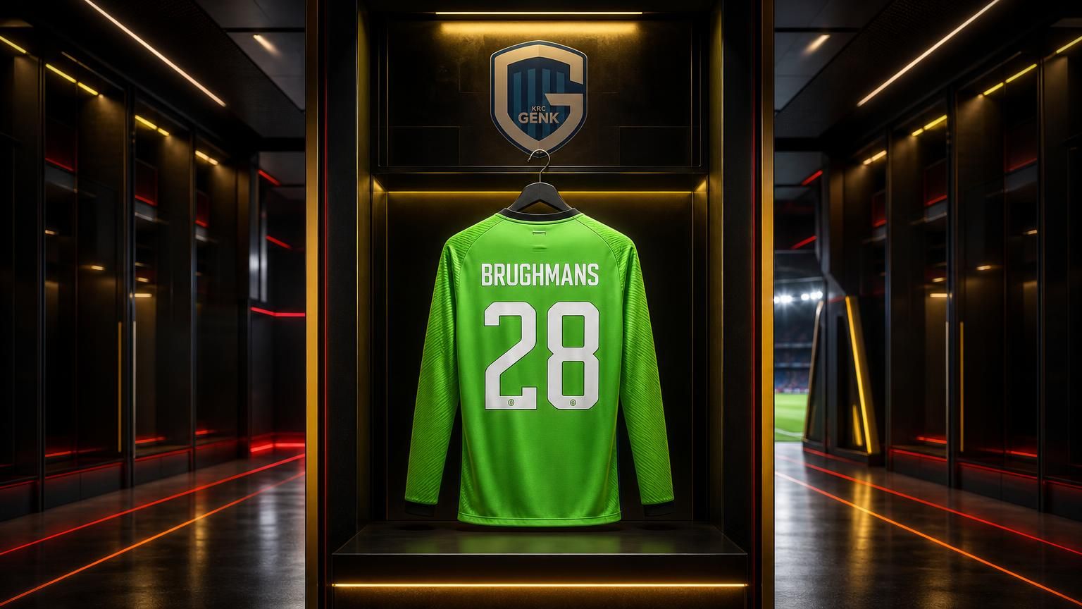 Centraal KRC Genk-doelmanstruitje met Brughmans en rugnummer 28 in een futuristische talentenkleedkamer.