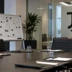 Een lege Juventus-vergaderruimte met een tactisch planbord en een embleem op de glazen wand.
