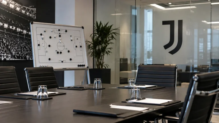 Een lege Juventus-vergaderruimte met een tactisch planbord en een embleem op de glazen wand.