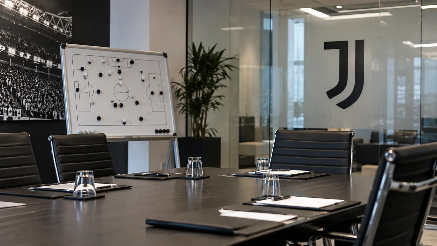Een lege Juventus-vergaderruimte met een tactisch planbord en een embleem op de glazen wand.