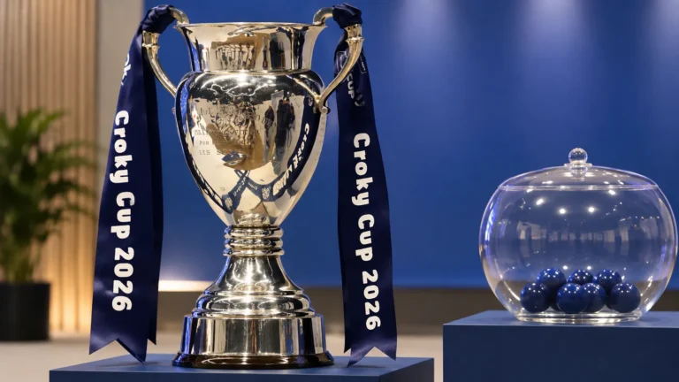 De Croky Cup-trofee met donkere linten staat centraal bij de bekerloting.