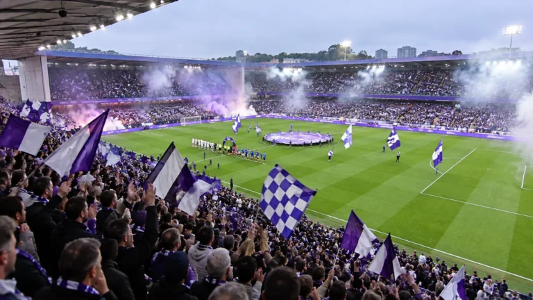 Collectieve Anderlecht-supporters met paars-witte vlaggen in de tribunes.