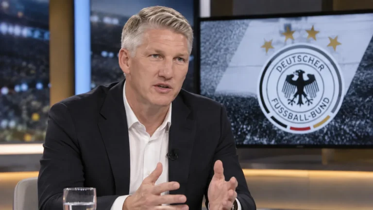 Bastian Schweinsteiger analyseert een Duitse interland in een televisiestudio.