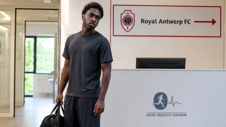 Bahmed Deuff in neutrale sportkleding bij de inkom van een sportmedisch centrum met een Antwerp-verwijzing.