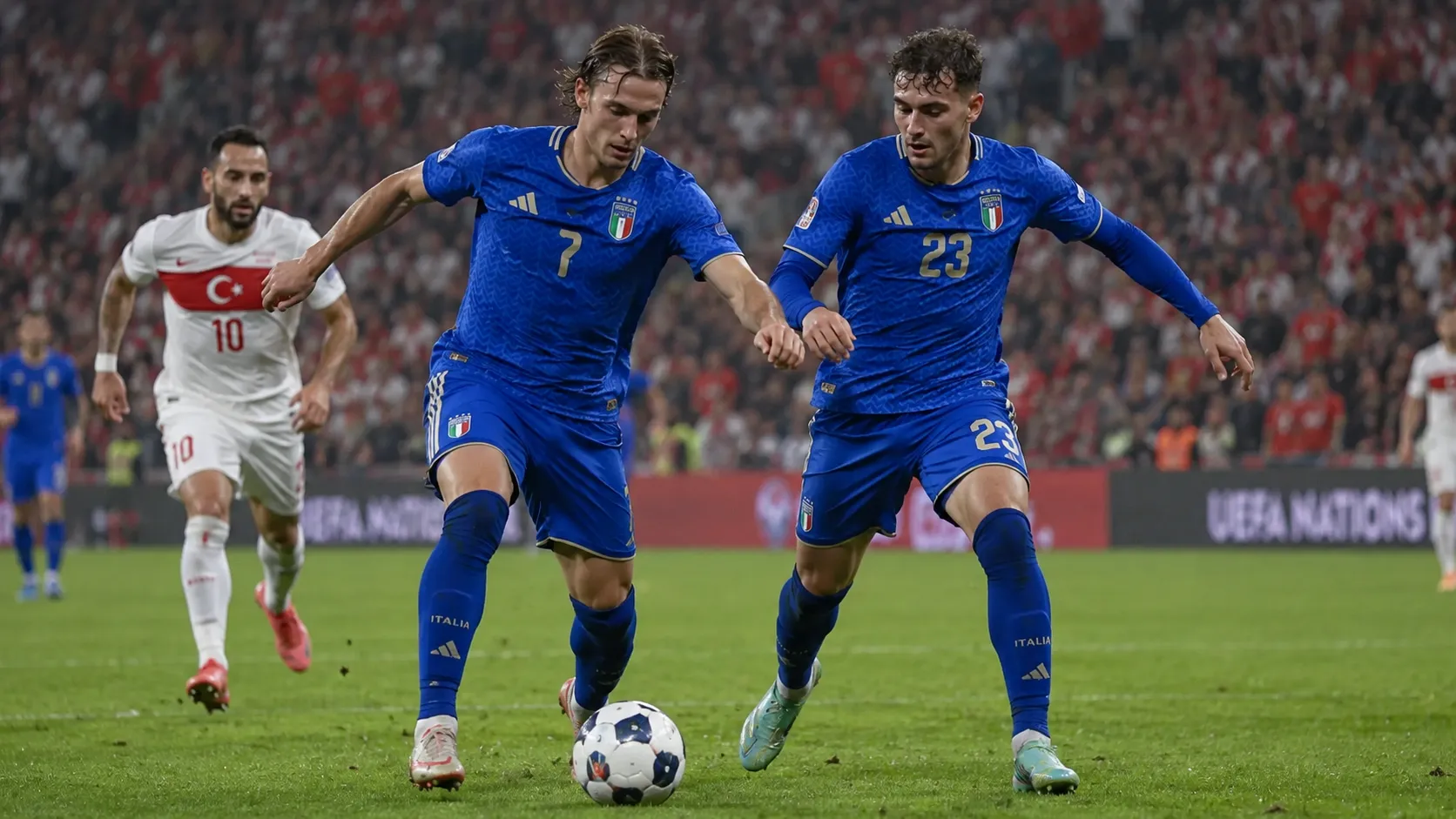 Twee Italiaanse spelers in blauw tijdens een Nations League-wedstrijd.