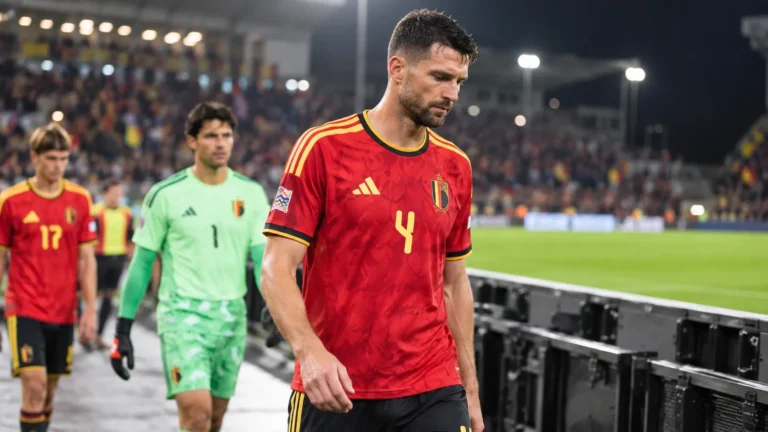 Brandon Mechele wandelt na een interland over het veld in het tenue van België.