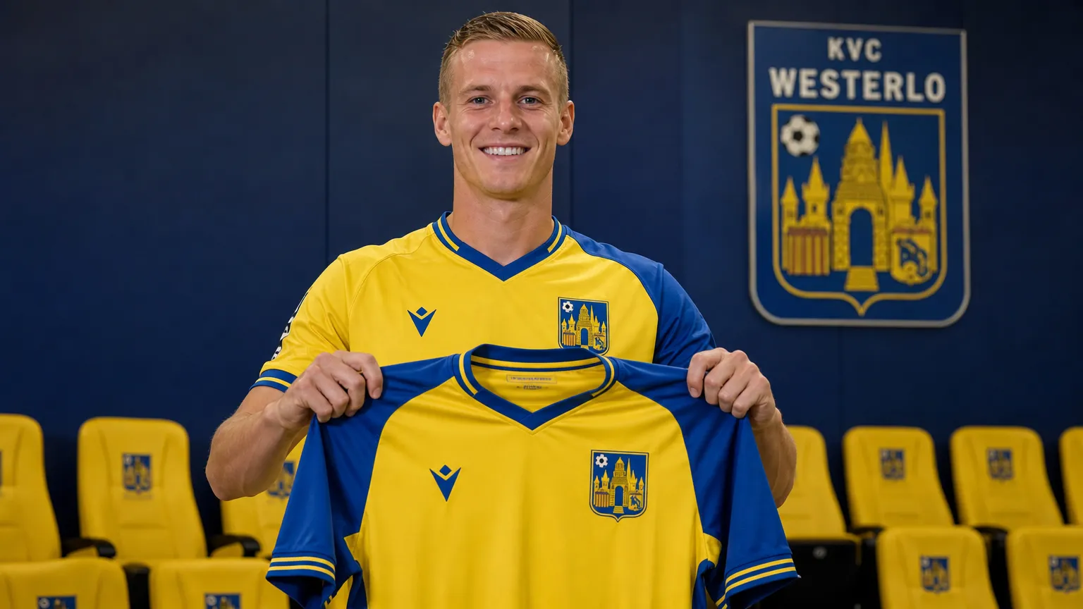 Nikola Storm toont als speler van KVC Westerlo een shirt tijdens een officiële clubpresentatie.