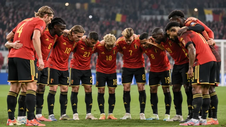 Een groep Belgische internationals in rode tenues tijdens een teamhuddle in een verlicht stadion.