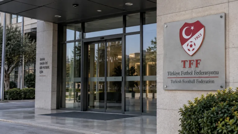 Lege ingang van het gebouw van de Turkse voetbalbond met een federatiebord aan de gevel.