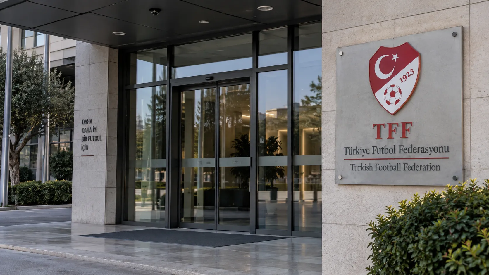 Lege ingang van het gebouw van de Turkse voetbalbond met een federatiebord aan de gevel.