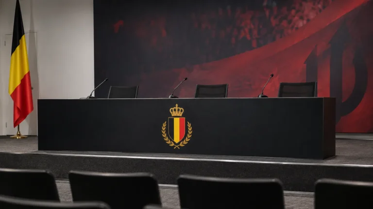 Leeg podium in een Belgische persruimte na een interland, met het embleem van de Rode Duivels op de voorkant.