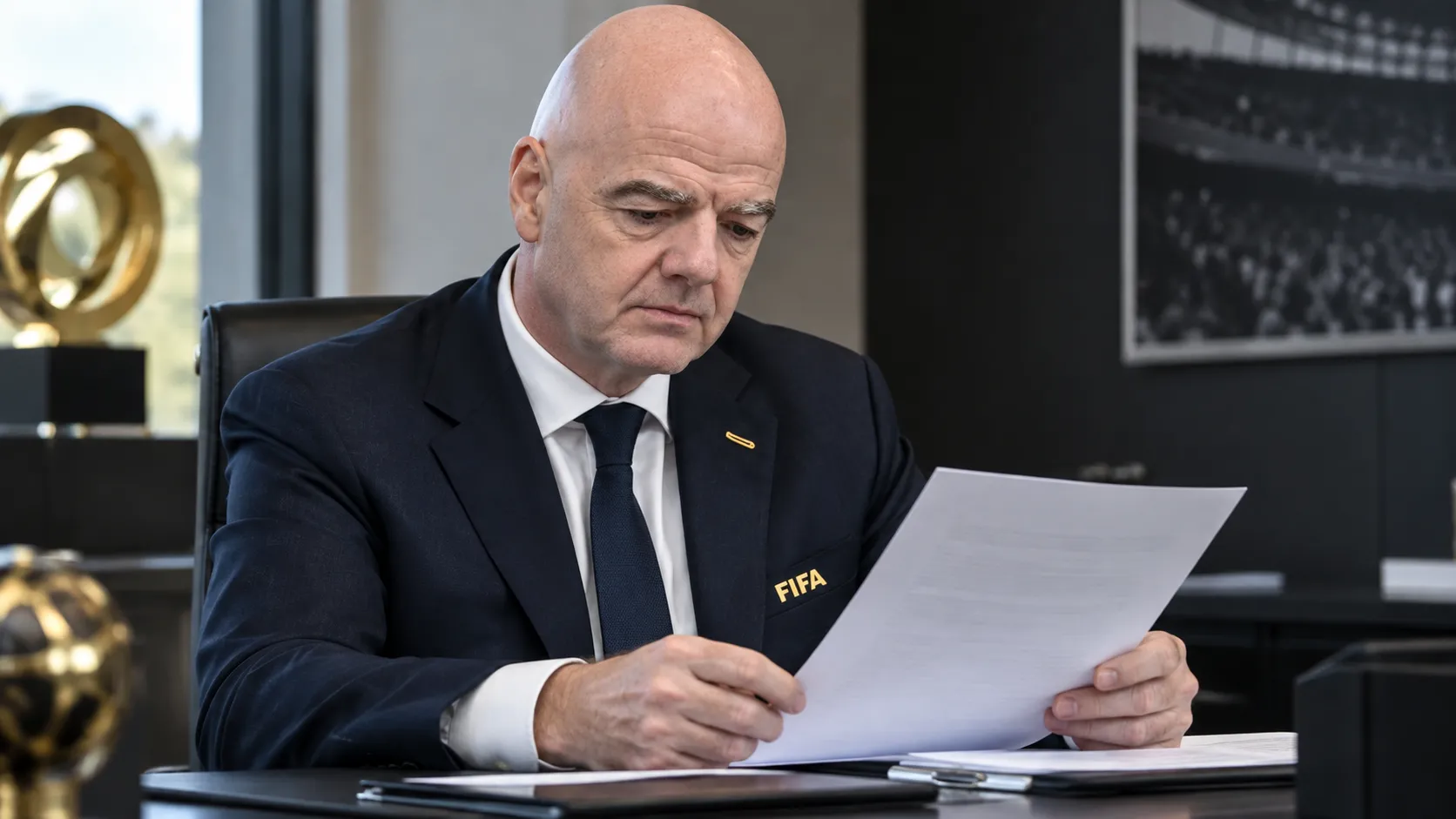 Gianni Infantino schrijft aan een bureau in een formele werkomgeving.
