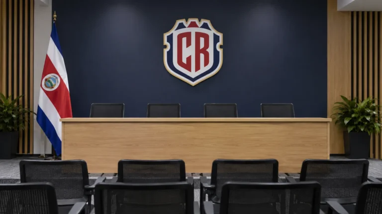 Lege mediaruimte van de Costa Ricaanse voetbalbond met het federatie-embleem op de achterwand.