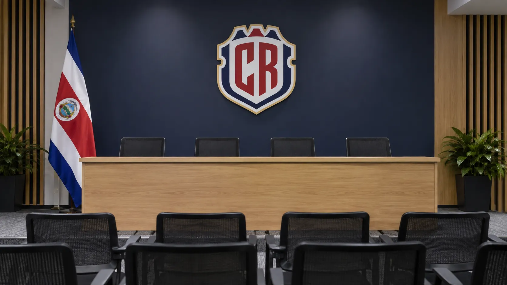 Lege mediaruimte van de Costa Ricaanse voetbalbond met het federatie-embleem op de achterwand.