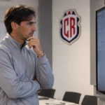 Bryan Ruiz in neutrale coachkleding in een analyselokaal van de Costa Ricaanse voetbalbond.