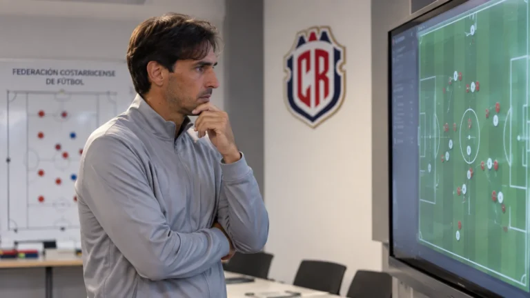 Bryan Ruiz in neutrale coachkleding in een analyselokaal van de Costa Ricaanse voetbalbond.