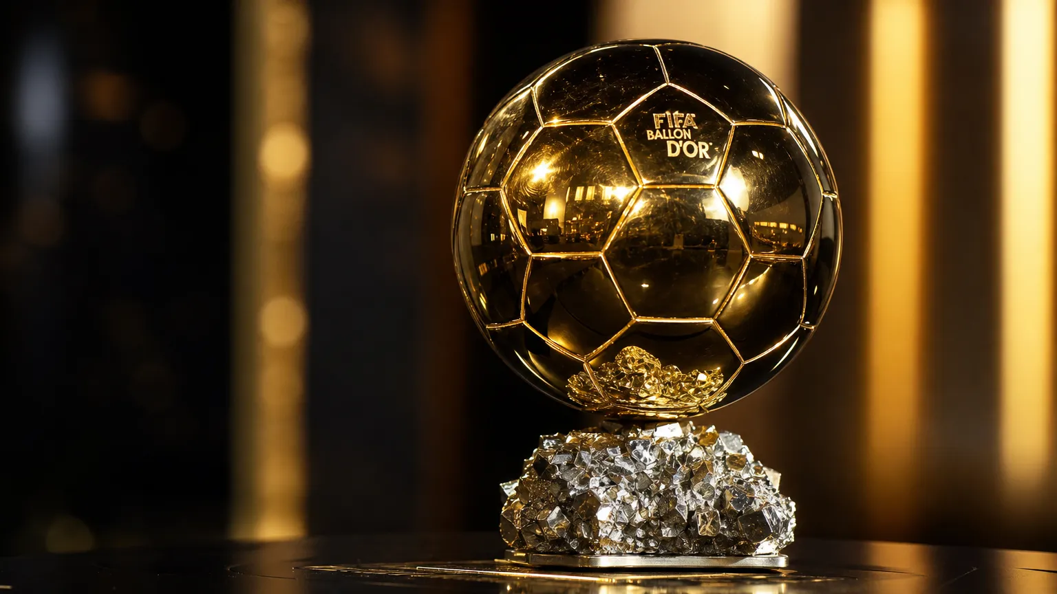 De Ballon d'Or-trofee op een kristallen sokkel in een donker verlichte ruimte.