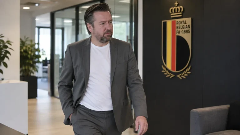 Vincent Mannaert in een kantooromgeving van de RBFA met een bondsembleem op de wand.