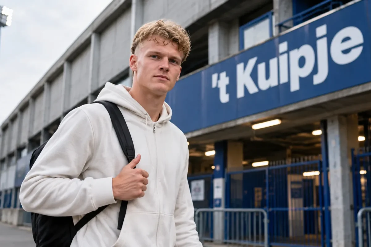 Arthur Piedfort in neutrale sportkleding bij het stadionbord van ’t Kuipje.