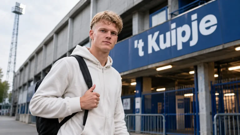 Arthur Piedfort in neutrale sportkleding bij het stadionbord van ’t Kuipje.