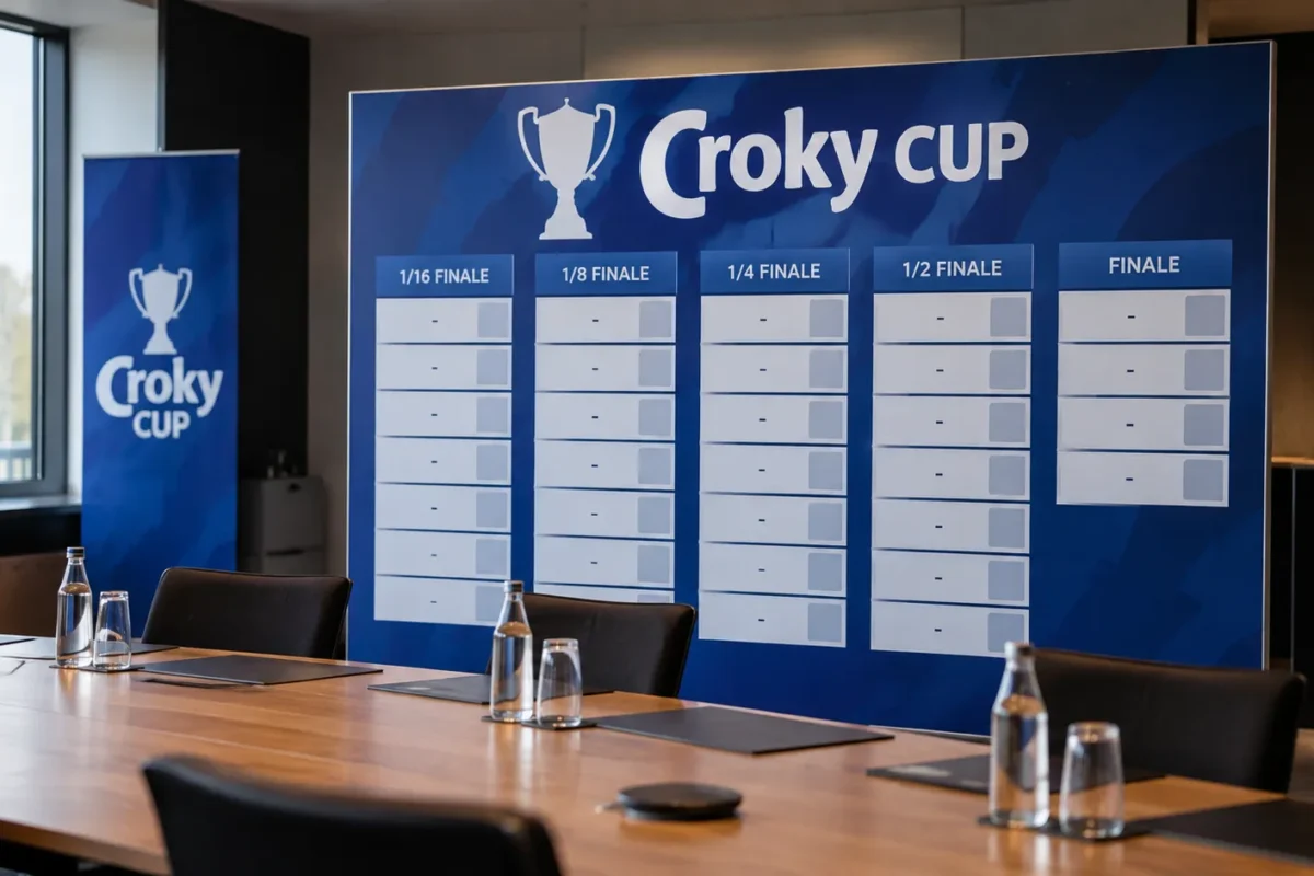 Een officieel Croky Cup-wedstrijdkalenderbord in een vergaderruimte zonder aanwezige personen.