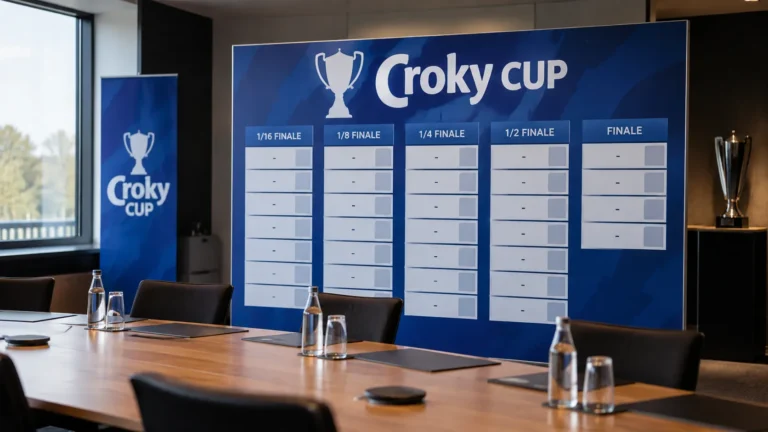 Een officieel Croky Cup-wedstrijdkalenderbord in een vergaderruimte zonder aanwezige personen.