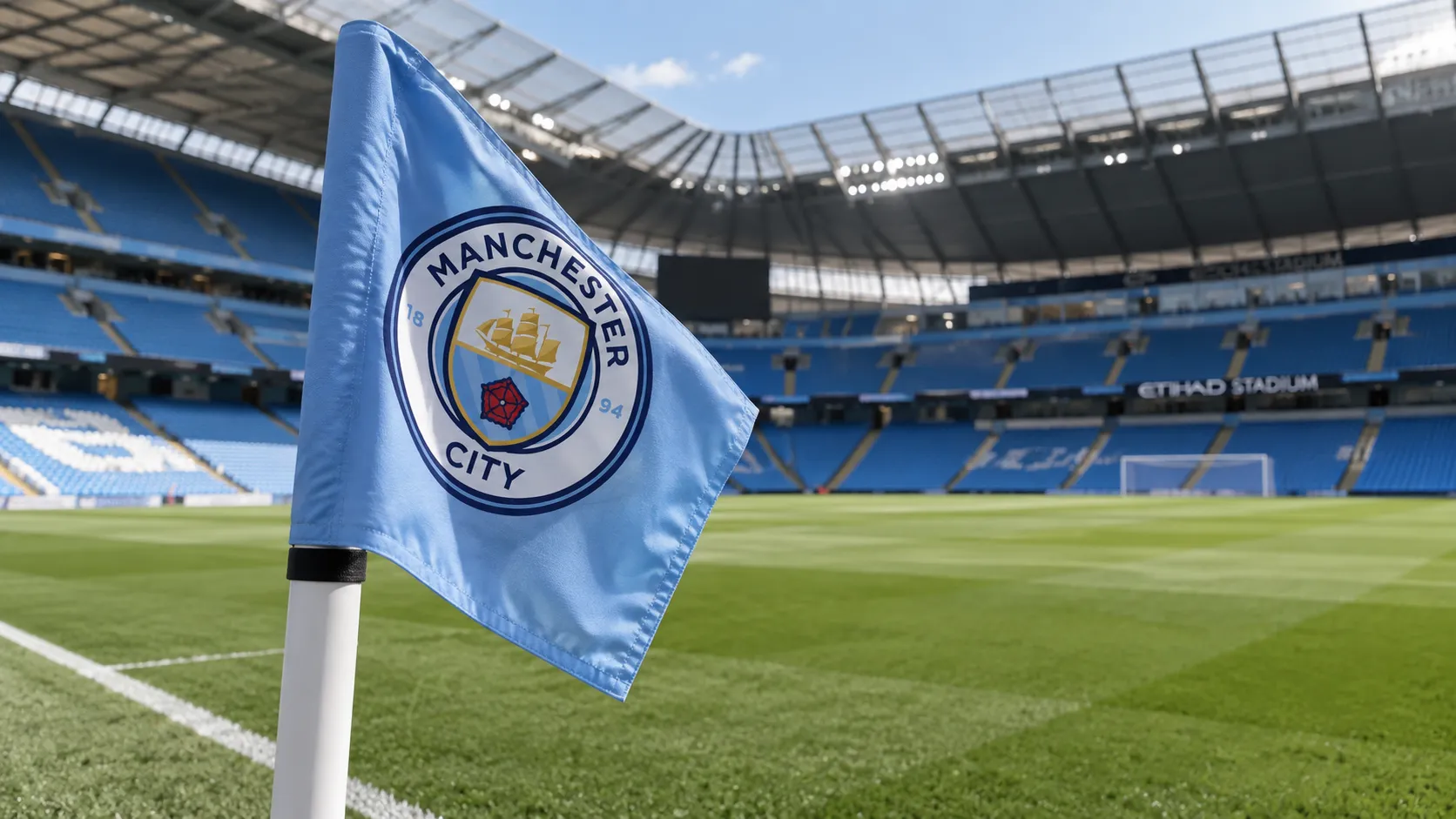 Een Manchester City-hoekvlag met het clubembleem naast het veld in een leeg stadion.