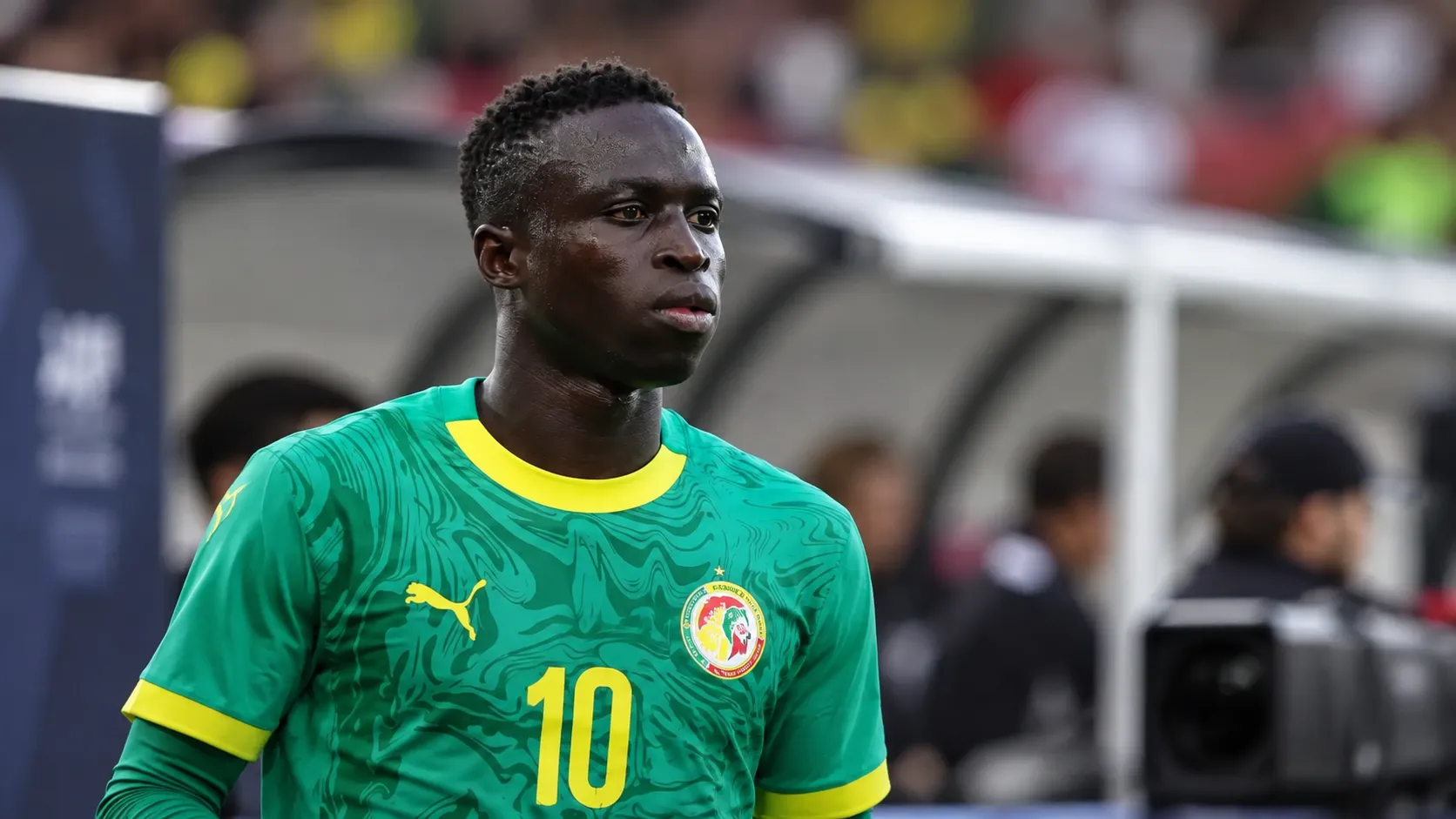 Krépin Diatta in groen Senegal-tenue langs het veld.