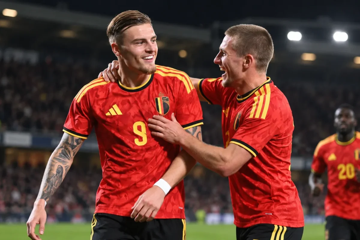 Belgische U21-spelers vieren samen tijdens een avondwedstrijd.
