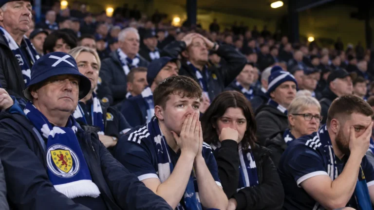 Een collectieve groep Schotse supporters met blauwe sjaals in de tribunes van Hampden Park.